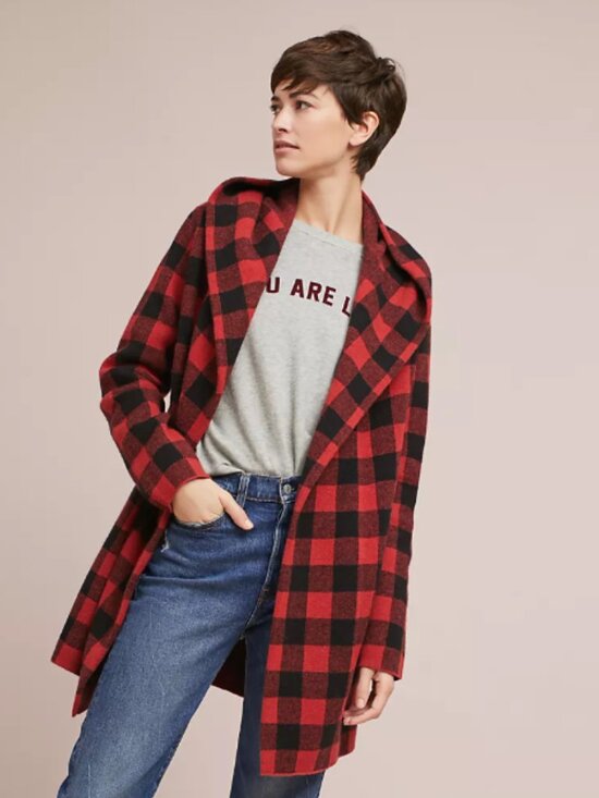 Field Flower Sweaters - Anthropologie Field Flower Buffalo Plaid Hooded Cardigan Red Womens Size XS Wool